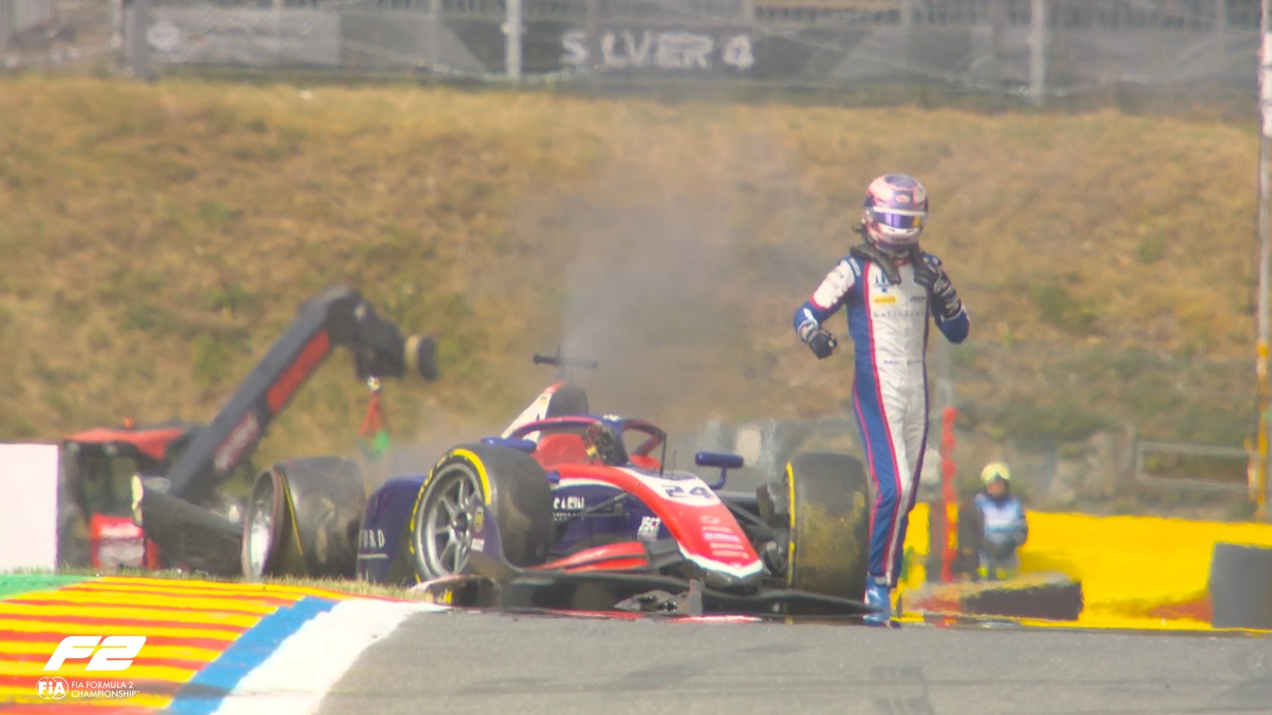 Rafael Câmara celebrating or driving during the Formula 2 weekend in Belgium.
