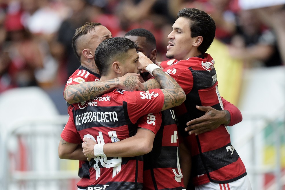 Jogadores do Flamengo comemoram gol no Brasileirão 2023 — Foto: Alexandre Loureiro/AGIF