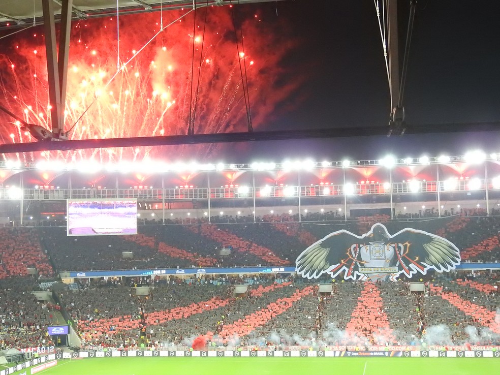 Mosaico mostra Urubu, mascote do Flamengo, com a taça da Copa do Brasil — Foto: Fred Gomes