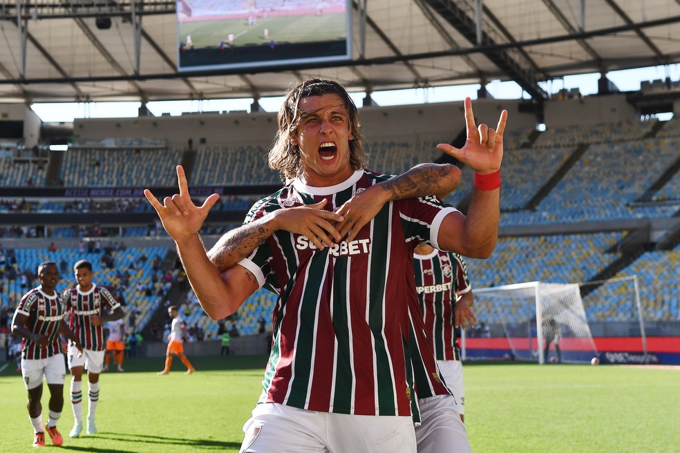 Canobbio comemora gol em Fluminense x Nova Iguaçu — Foto: André Durão