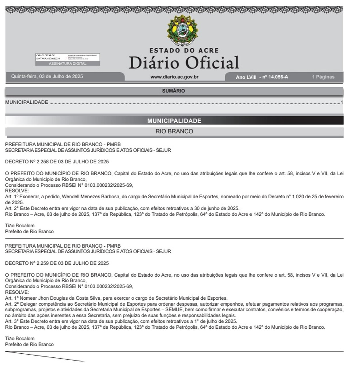 Exoneração de Wendell Barbosa é publicada e Rio Branco tem novo ...