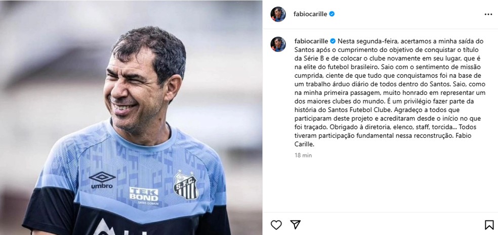 Carille posta texto de despedida do Santos após demissão