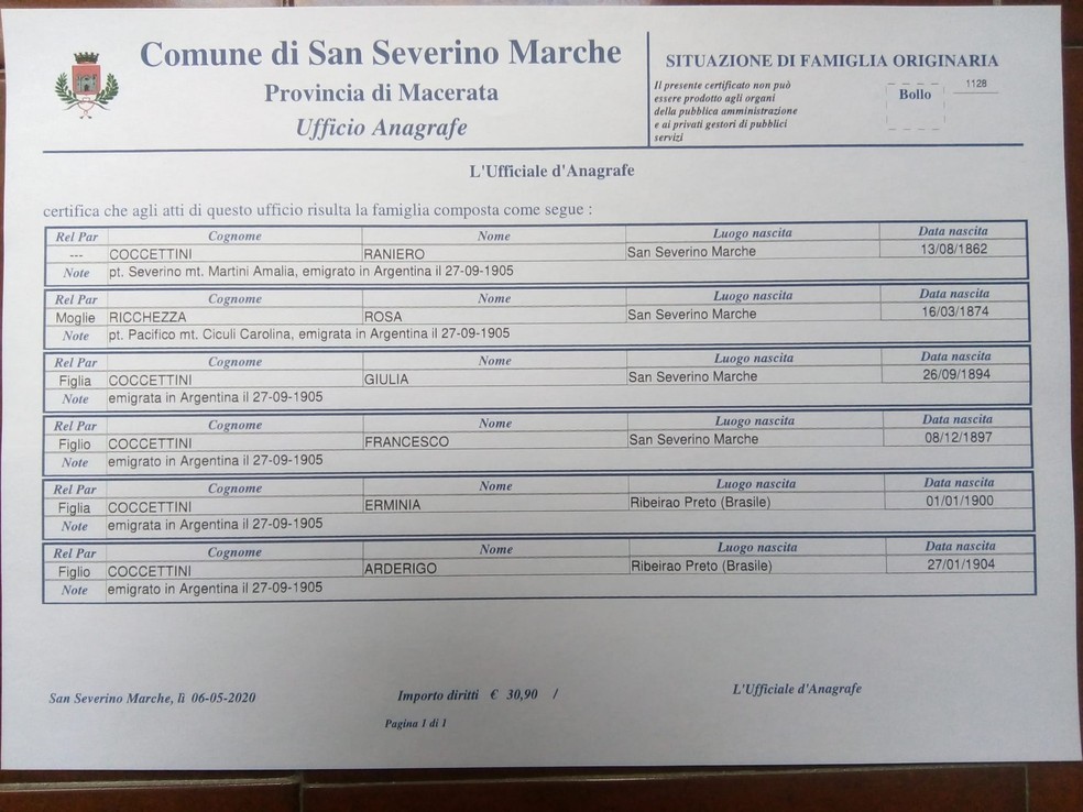 Registro de San Severino Marche com a linhagem do tataravô de Messi (Raniero) e do bisavô (Arderigo) — Foto: Acervo Pessoal