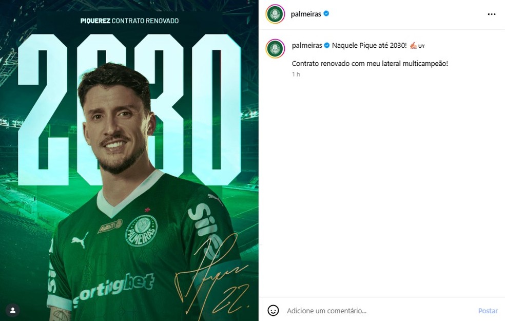Palmeiras anuncia a renovação do contrato de Piquerez — Foto: Reprodução