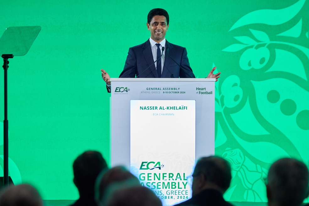 Presidente do PSG, Nasser Al-Khelaïfi defendeu a realização do Mundial de Clubes 2025 — Foto: Divulgação / ECA