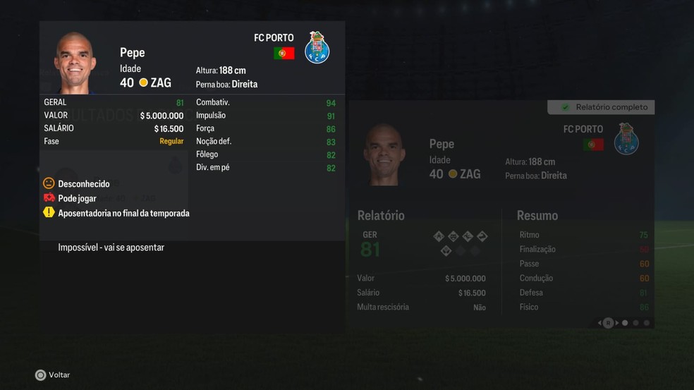 Pepe no modo carreira do FC 24 — Foto: Reprodução/EA Sports