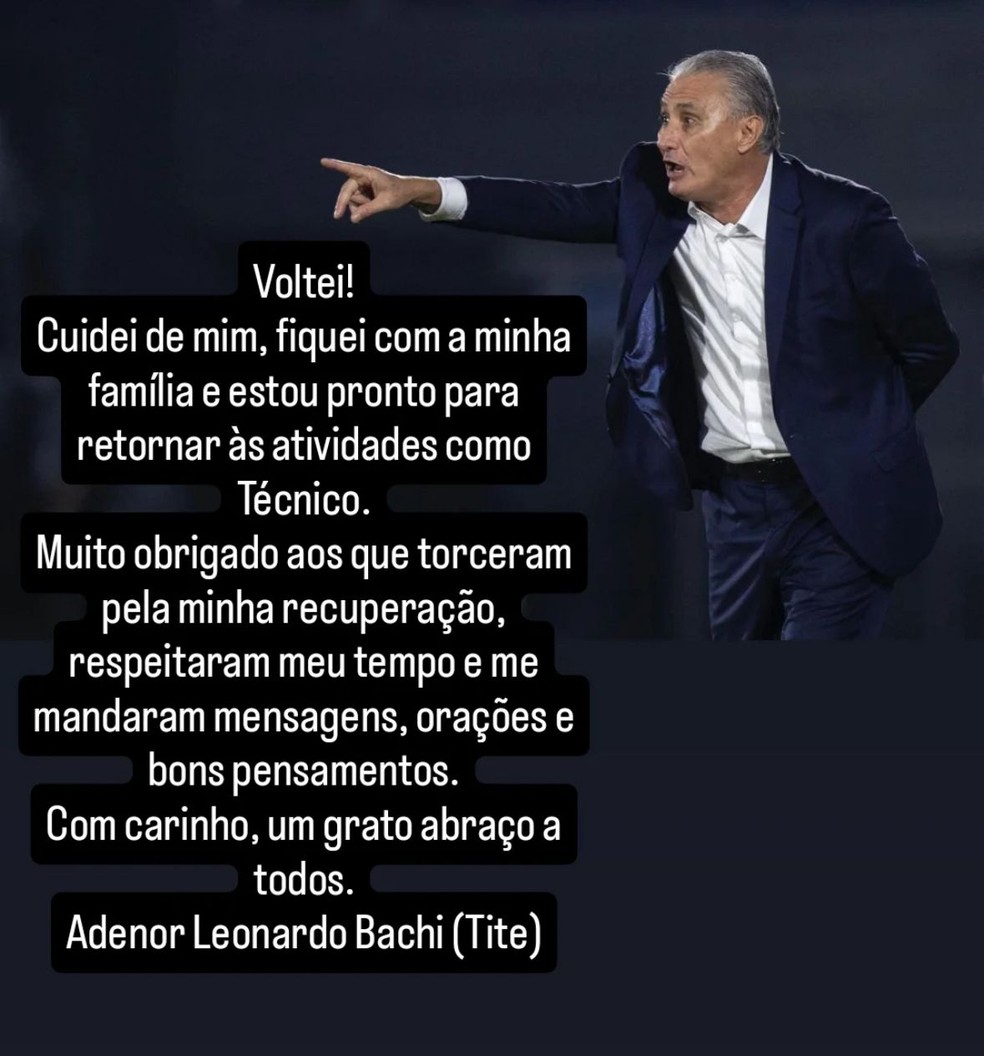 Tite anuncia retorno ao futebol em publicação feita por assessoria de imprensa — Foto: Reprodução