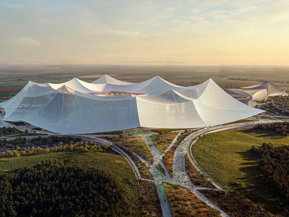 Confira novas imagens do estádio Hassan II, promessa do Marrocos para a Copa do Mundo 2030 — Foto: Divulgação / Populous