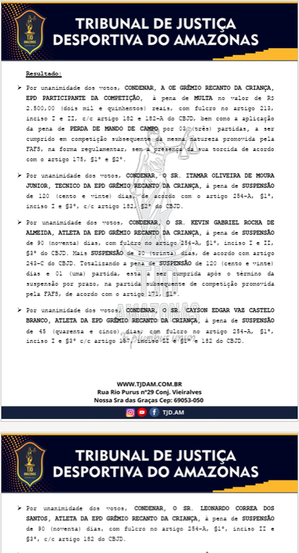 TJD-AM condena tr&ecirc;s atletas e t&eacute;cnico do Recanto; oito s&atilde;o absolvidos, e &aacute;rbitro &eacute; suspenso &mdash; Foto: Divulga&ccedil;&atilde;o