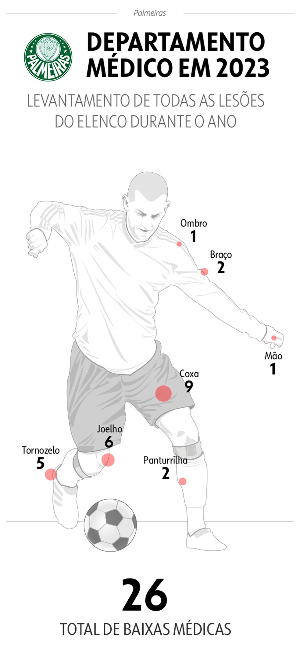 Locais do corpo com maior incidência de lesão entre o elenco do Palmeiras em 2023 — Foto: Espião Estatístico