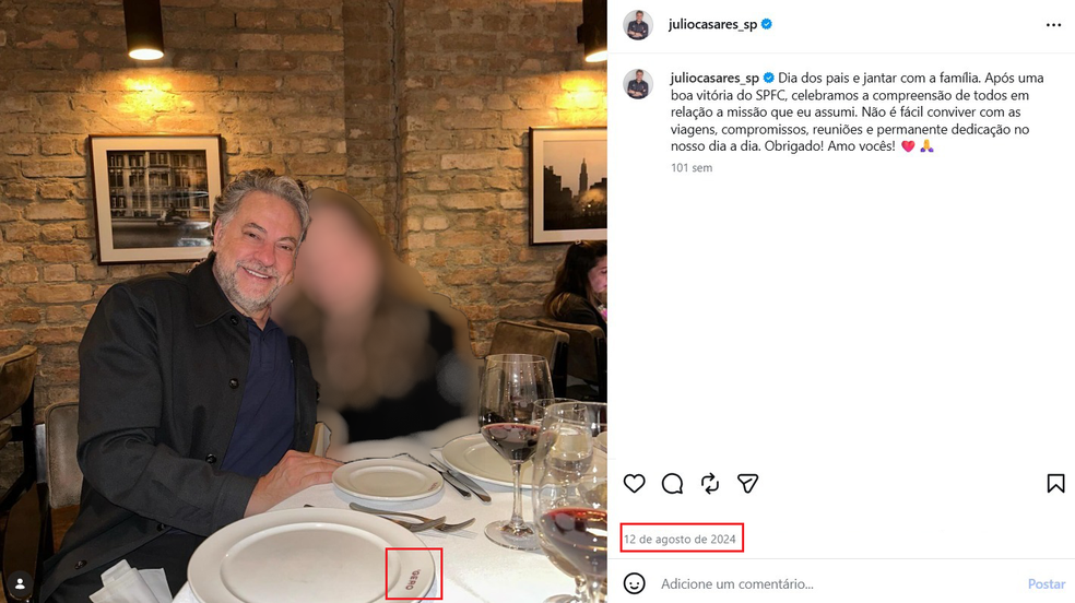 Julio Casares e filha no restaurante Gero — Foto: Reprodução / Instagram