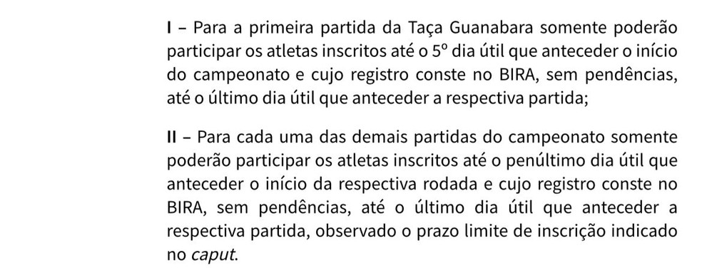 Confira trecho do regulamento que esclarece inviabilidade de De La Cruz estrear na quarta — Foto: Reprodução