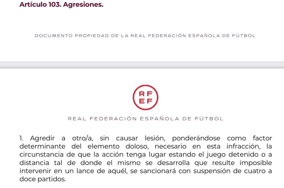 Regras da RFEF para agressões no futebol espanhol; Vini Jr pode pegar gancho pesado — Foto: Reprodução RFEF