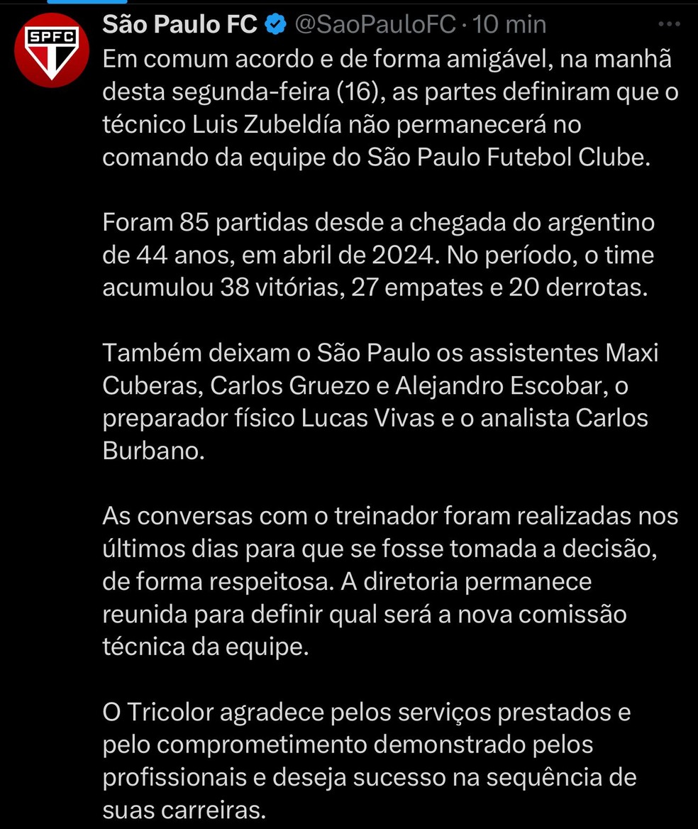 Comunicado do São Paulo sobre a saída de Zubeldía — Foto: Reprodução/X