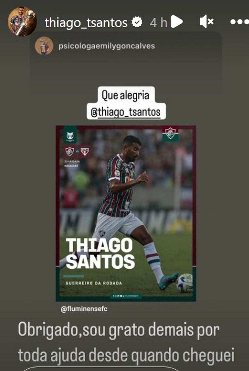 Thiago Santos agradece psicóloga do Fluminense — Foto: Reprodução/Instagram