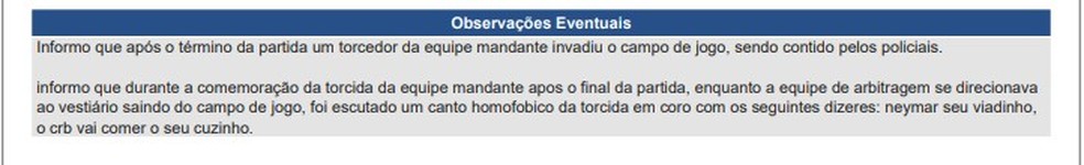 Árbitro relatou na súmula xingamento da torcida do CRB contra Neymar — Foto: Reprodução