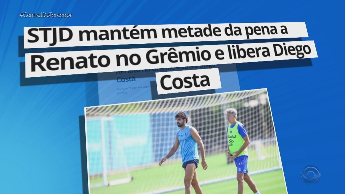 Julgamento de Renato e Diego Costa pode gerar desfalques no Grêmio.