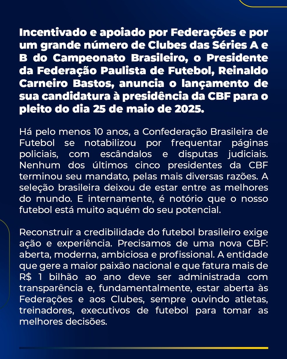 Manifestação de Reinaldo Carneiro Bastos como candidato à presidência — Foto: Reprodução