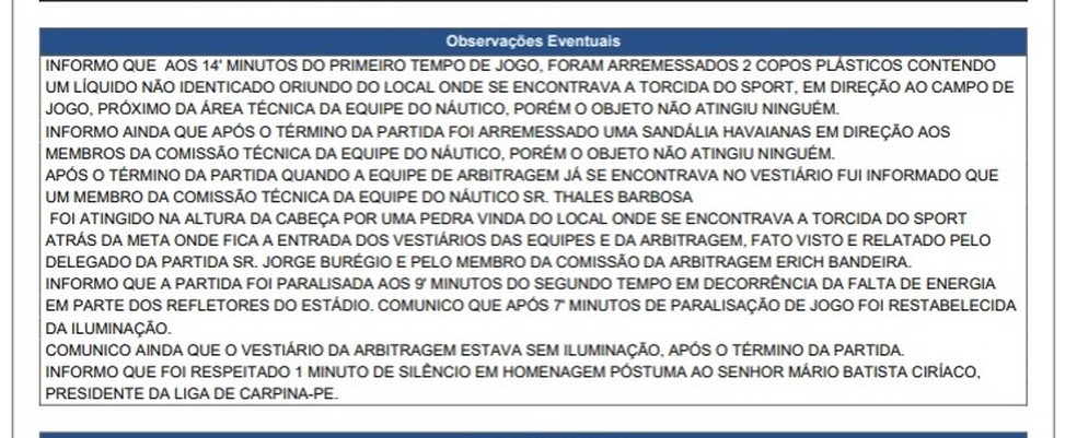 Súmula da partida entre Sport e Náutico pelo Campeonato Pernambucano — Foto: Reprodução