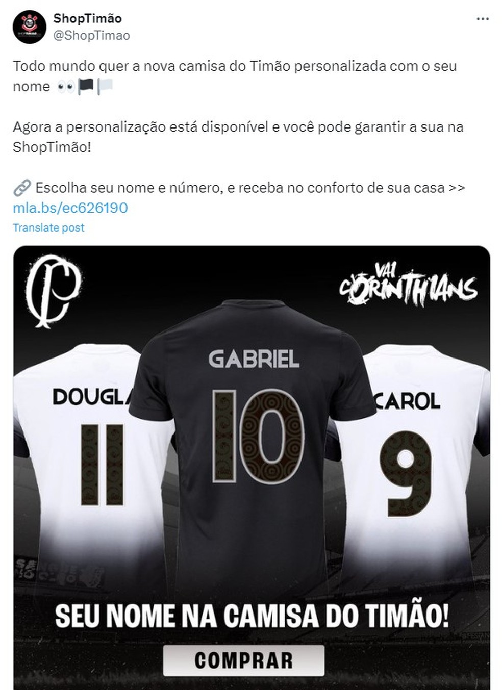 Loja do Corinthians brinca em rede social após Gabigol aparecer com camisa do clube — Foto: Reprodução