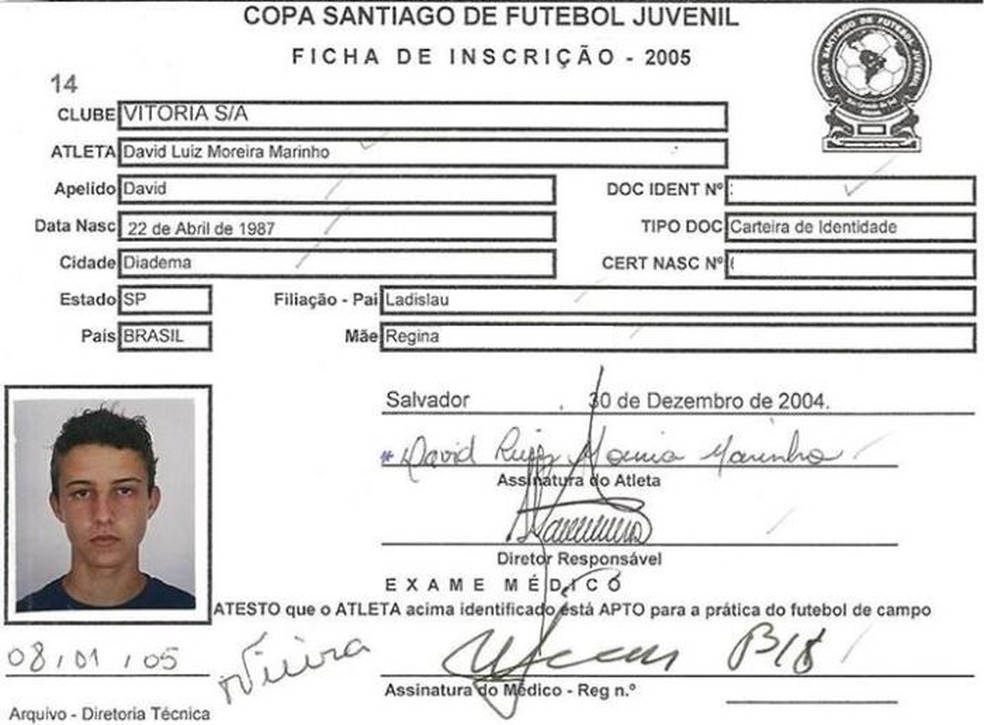 David Luiz em ficha de inscrição para a Copa Santiago divulgada por presidente do Cruzeiro de Santiago, equipe local