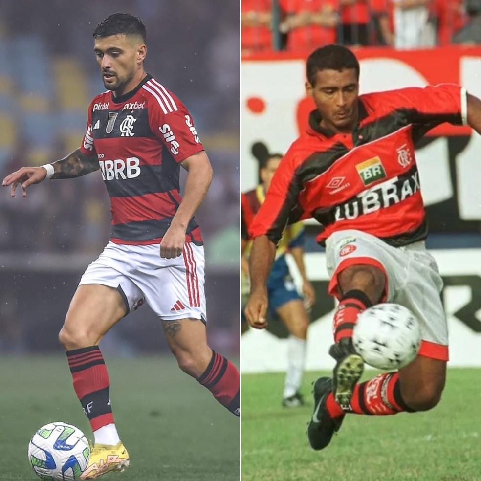 Arrascaeta e Romário em ação pelo Flamengo — Foto: Marcelo Cortes/CRF e Agência Estado