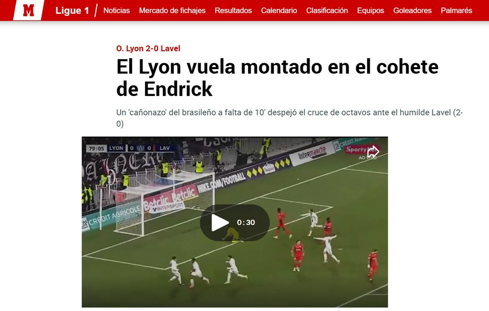 Marca destaca o chute de Endrick em vit&oacute;ria do Lyon &mdash; Foto: Reprodu&ccedil;&atilde;o