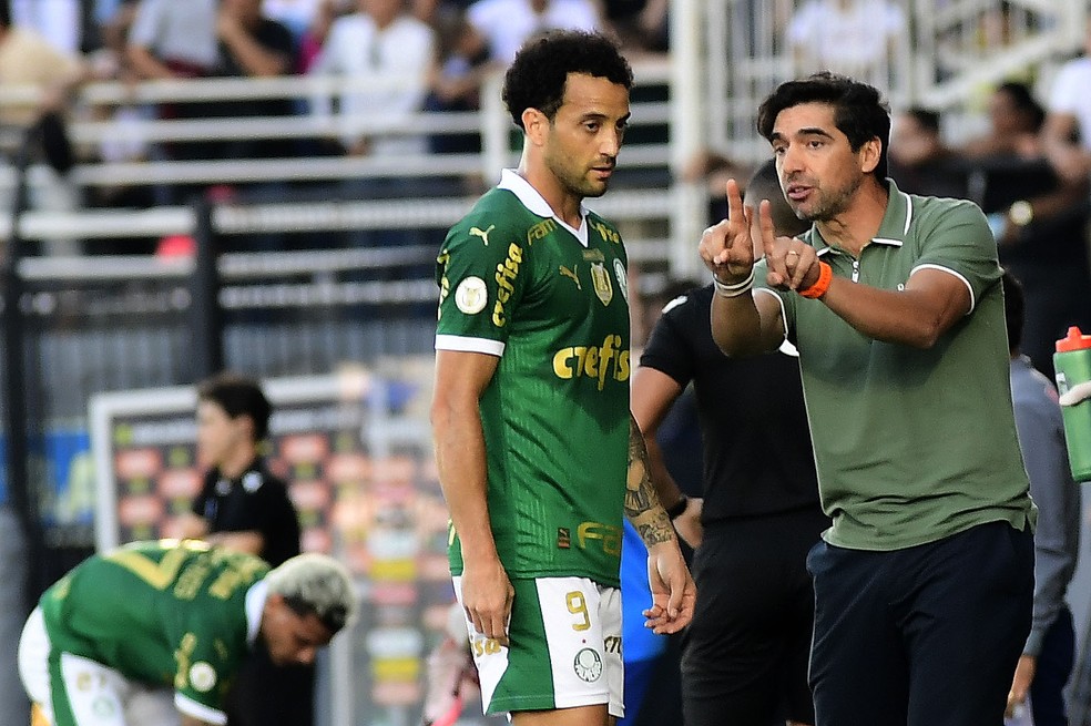 Felipe Anderson e Abel Ferreira em Bragantino x Palmeiras — Foto: Marcos Ribolli