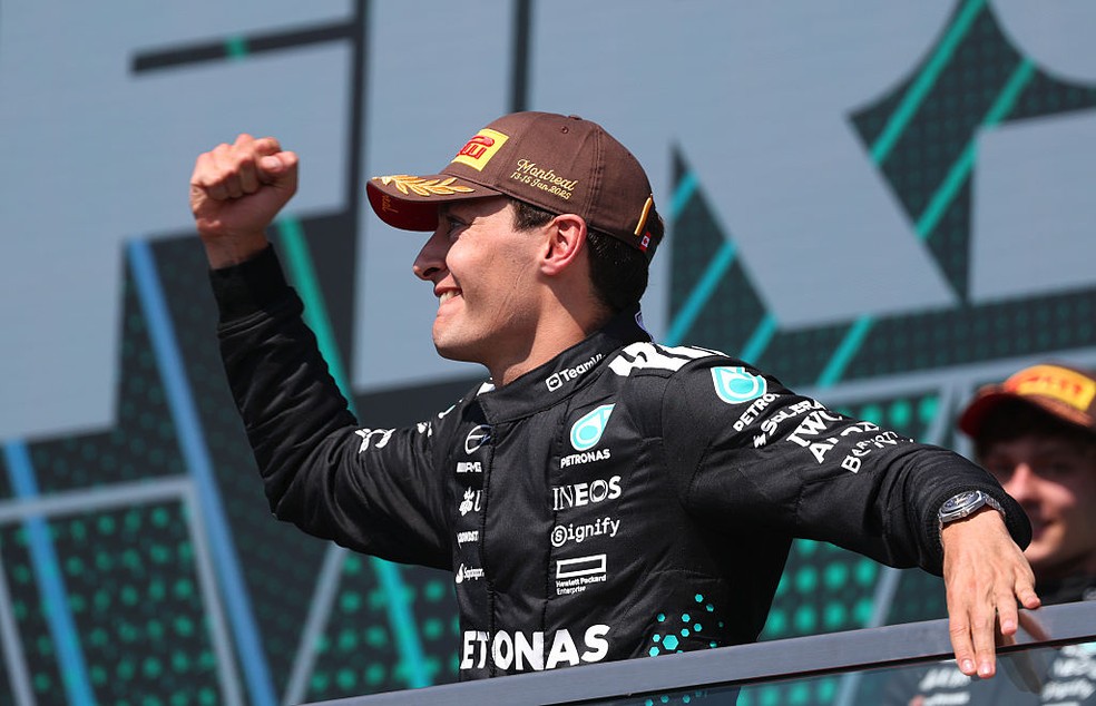 George Russell comemora a vitória no GP do Canadá de F1 em 2025 — Foto: Sam Bloxham/LAT Images