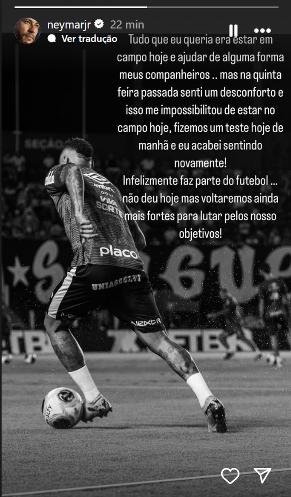 Neymar fez post em rede social lamentando a ausência no duelo contra o Corinthians — Foto: Reprodução Instagram