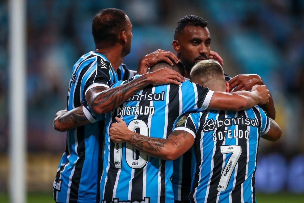 Jogadores do Grêmio comemoram gol — Foto: Lucas Uebel/Grêmio
