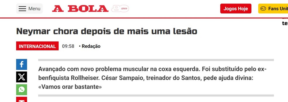 A Bola destaca lesão de Neymar — Foto: Reprodução/A Bola