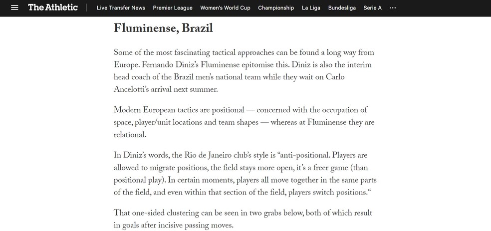 The Athletic cita Fluminense como exemplo de modernidade tática — Foto: Reprodução/The Athletic