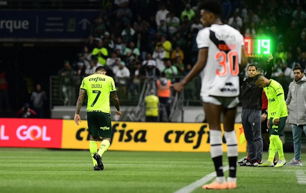 Dudu deixa o campo no primeiro tempo em Palmeiras x Vasco — Foto: Marcos Ribolli