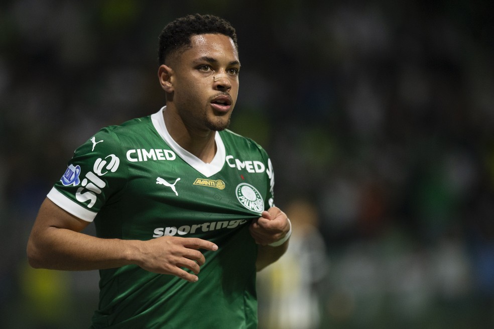Vitor Roque comemora gol do Palmeiras contra o Santos — Foto: Anderson Romão/AGIF