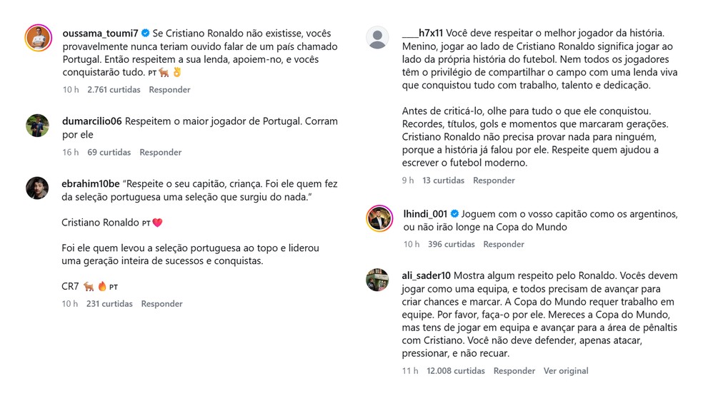 Mensagens nas redes sociais de João Neves criticando o jogador por comentários sobre Cristiano Ronaldo — Foto: Reprodução