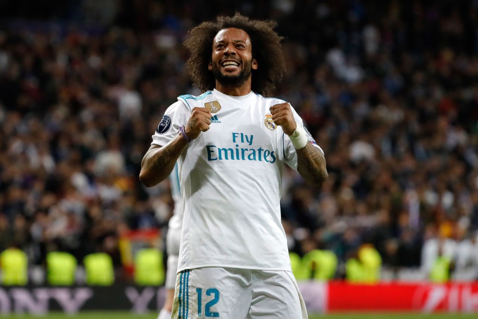 Marcelo comemora gol do Real Madrid sobre o Bayern na Champions League 2017/2018 — Foto: TF-Images/Getty Images