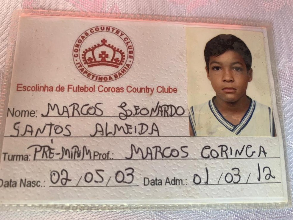 Carteirinha de Marcos Leonardo na Escolinha de Futebol Coroas Country Clube — Foto: Arquivo pessoal