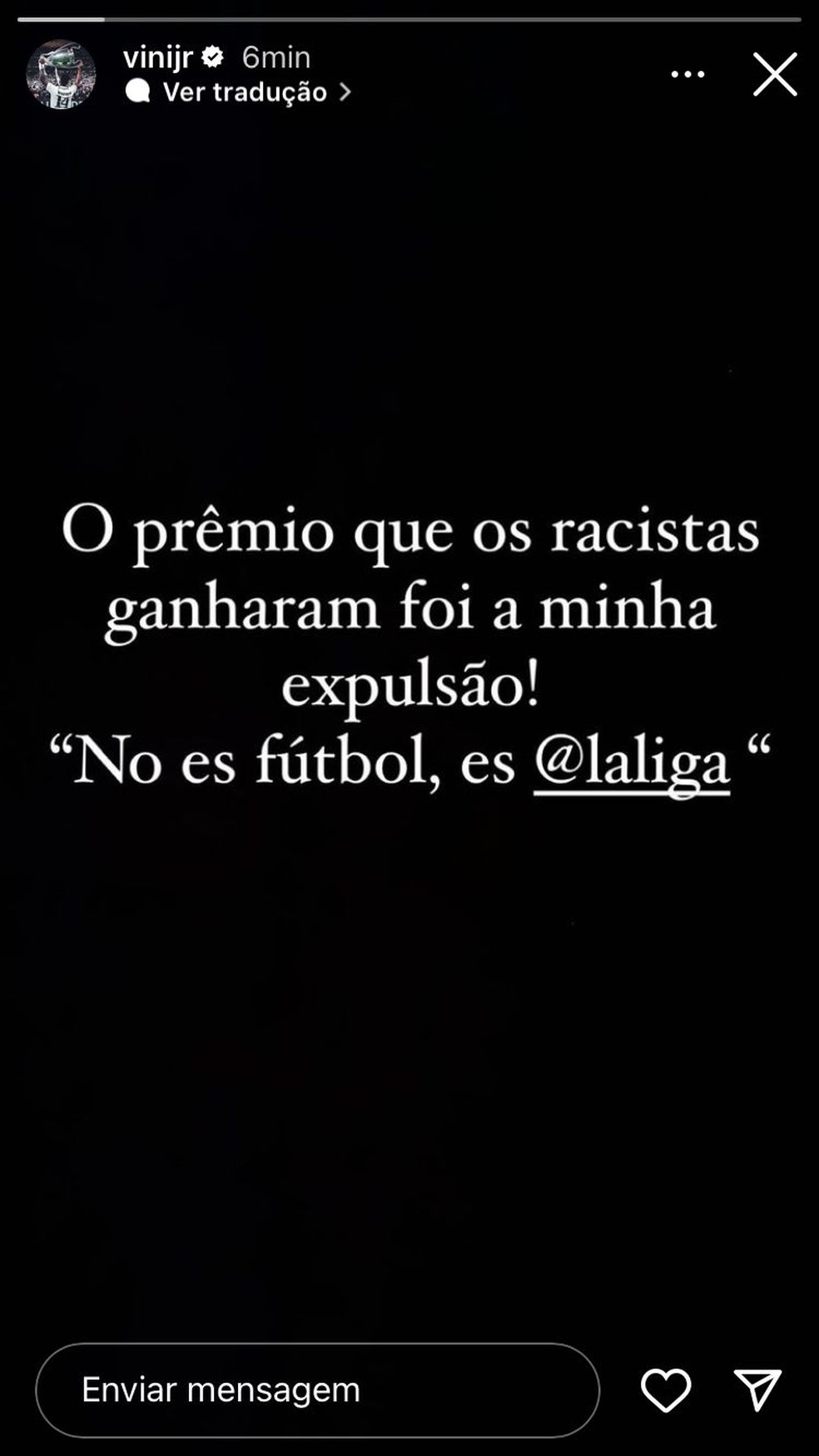 Vinicius Junior desabafa nas redes sociais após novo episódio de racismo — Foto: Reprodução / Instagram