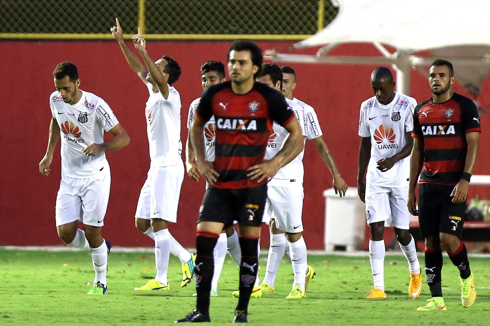 Thiago Ribeiro comemora gol marcado pelo Santos contra o Vitória no Brasileirão de 2014 — Foto: Felipe Oliveira / Getty Images