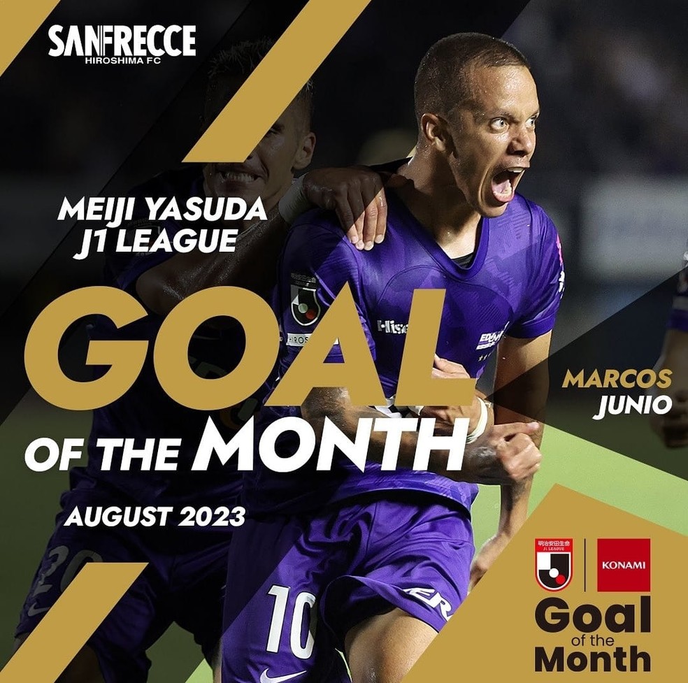 Marcos Junior ganhou o gol do mês de agosto no Campeonato Japonês — Foto: Reprodução