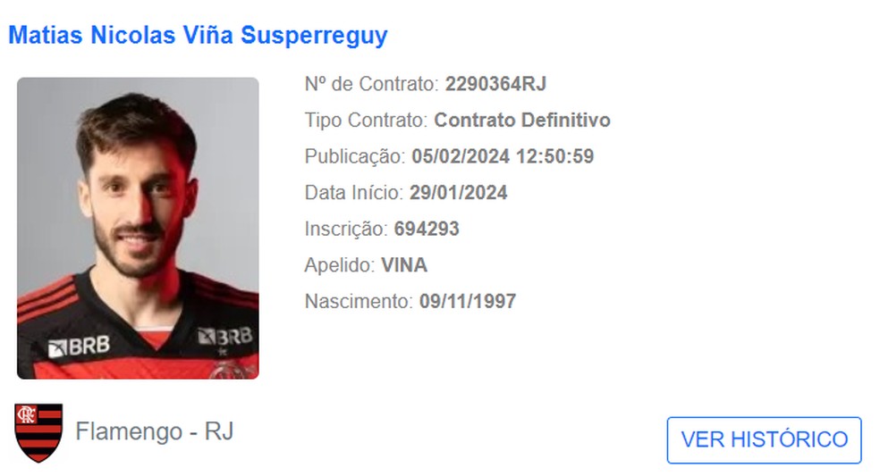 Viña regularizado pelo Flamengo — Foto: Reprodução