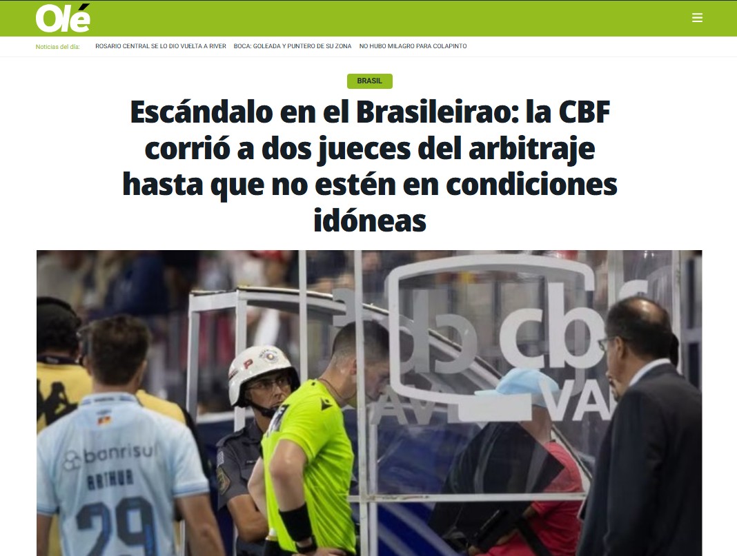 Jornal argentino repercute afastamento de árbitros: "Escândalo no Brasileirão"