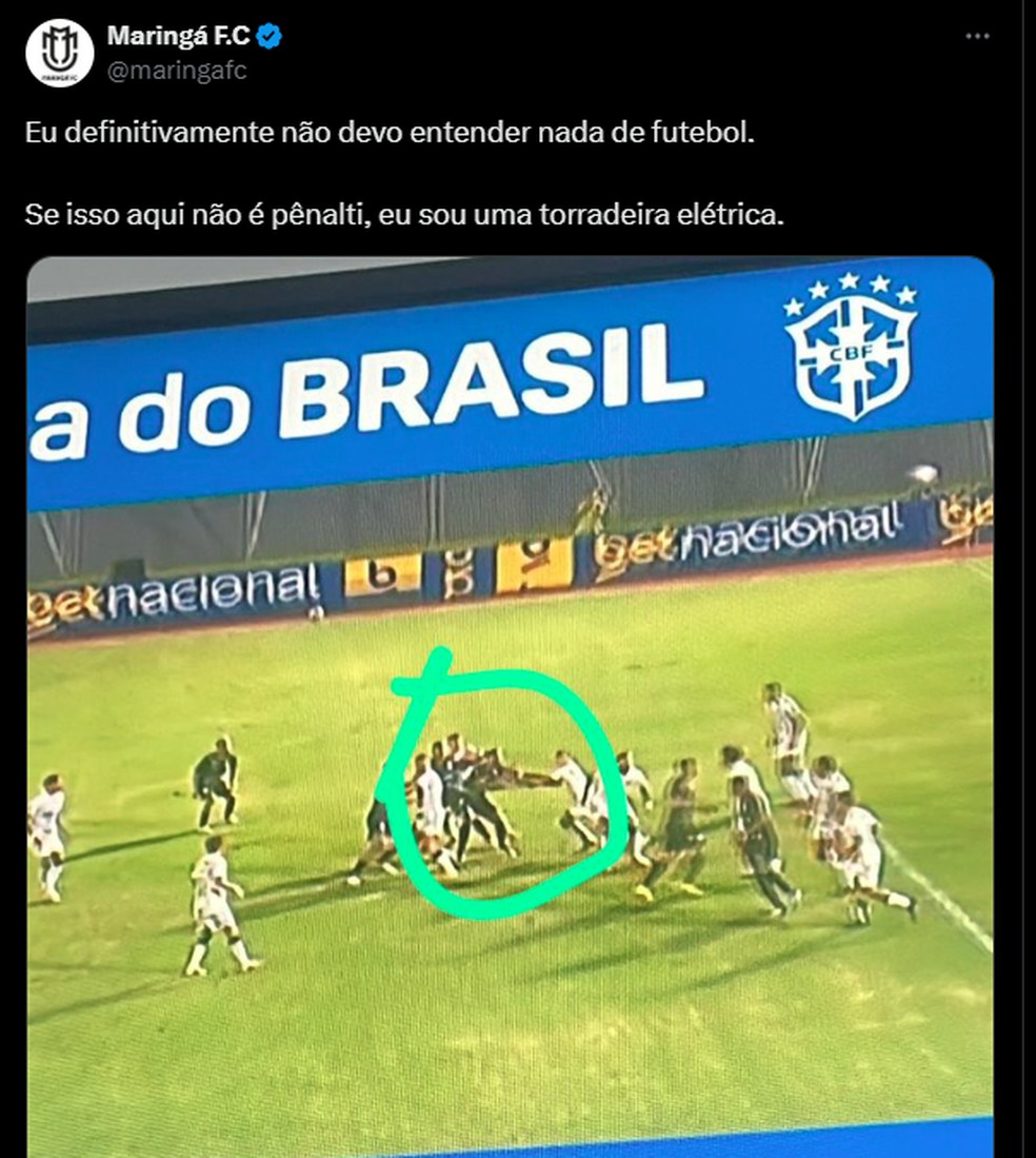 Maringá posta nas redes sociais ironizando não marcação de pênalti contra o Atlético-MG — Foto: Reprodução/Maringá FC