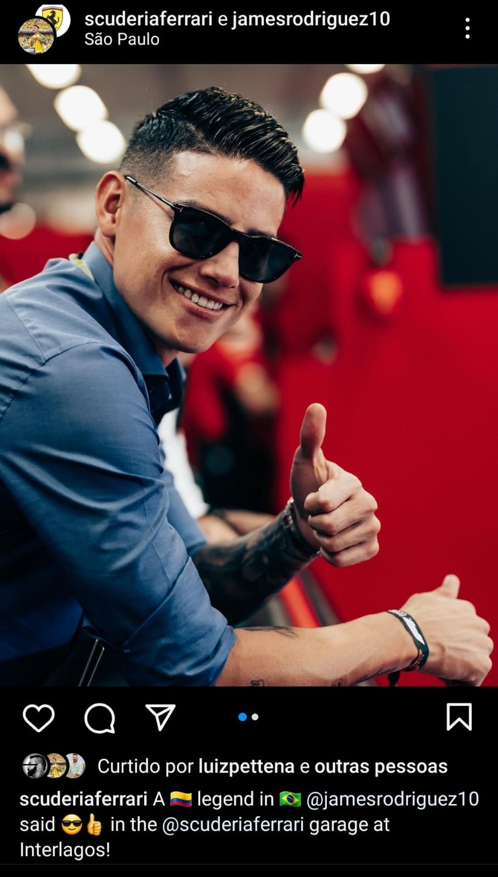 Publicação da Ferrari exalta James Rodríguez, meia do São Paulo — Foto: Reprodução/Instagram