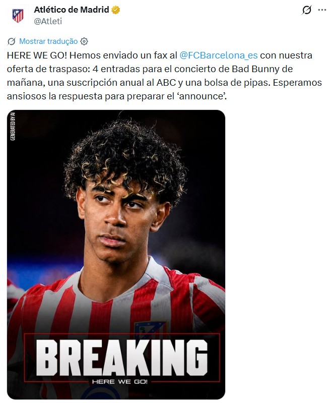 Atlético de Madrid publica proposta falsa Yamal em resposta a assédio do Barça a Álvarez