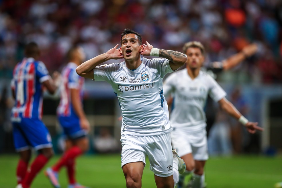 Cristaldo comemorando gol contra o Bahia — Foto: Lucas Uebel/Grêmio