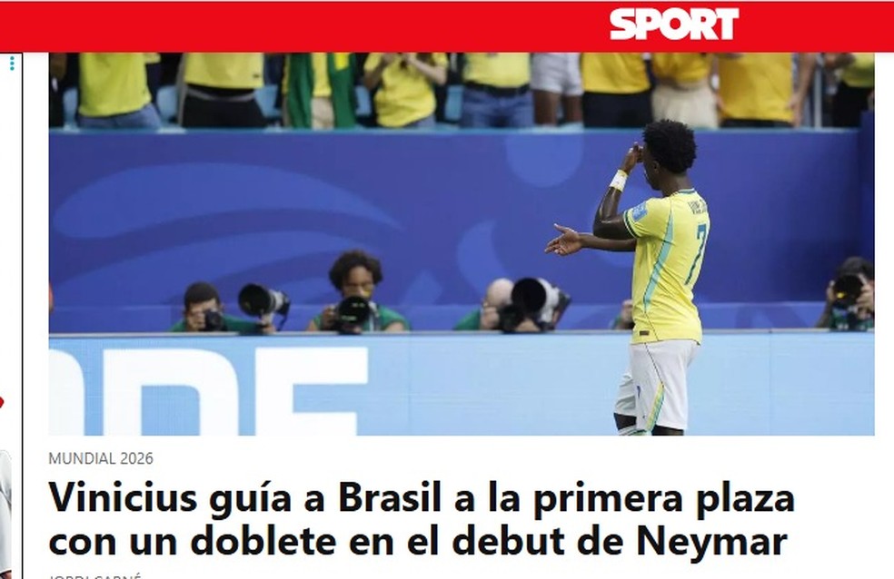 Sport destaca atuação de Vini Jr e retorno de Neymar em Brasil x Escócia — Foto: Reprodução