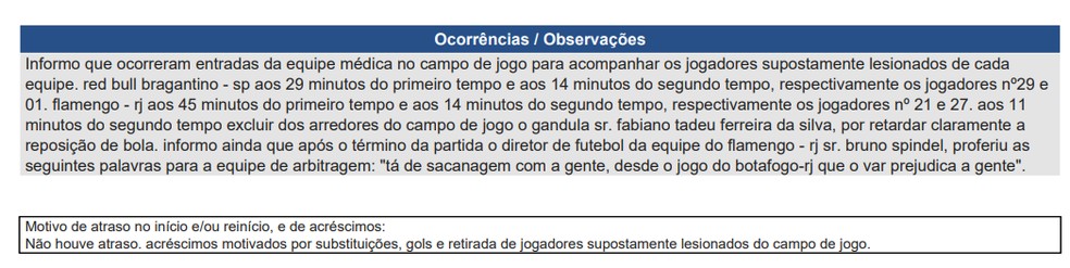 Bruno Spindel é citado na súmula de Bragantino x Flamengo, pelo Brasileirão — Foto: Reprodução