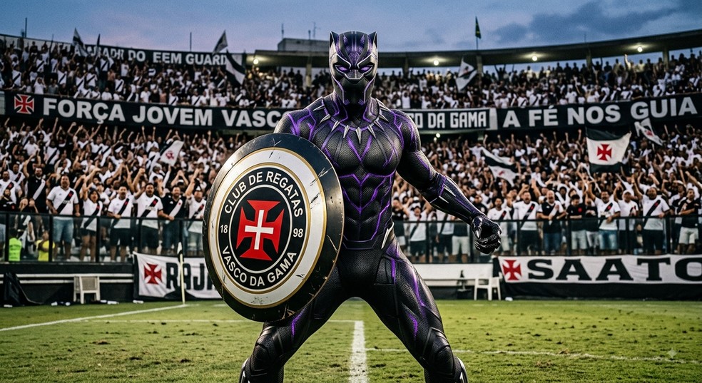 Personagem Pantera Negra com escudo do Vasco feita por IA — Foto: Arte feita por IA